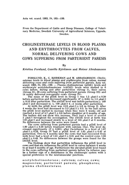 Cholinesterase Levels in Blood Plasma and Erythrocytes from Calves, Normal Delivering Cows and Cows Suffering from Parturient Paresis