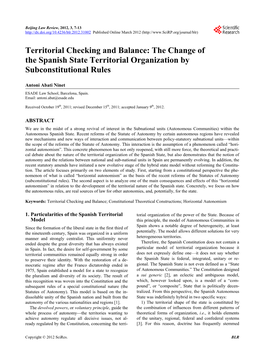Territorial Checking and Balance: the Change of the Spanish State Territorial Organization by Subconstitutional Rules