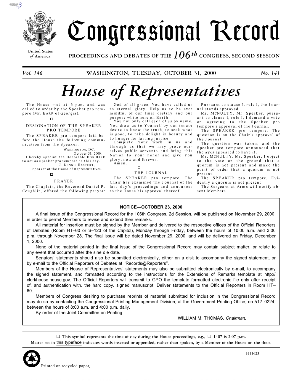 Congressional Record United States of America PROCEEDINGS and DEBATES of the 106Th CONGRESS, SECOND SESSION