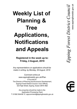 Registered in the Week up To: Friday, 2 August, 2019 Epping Fo Rest District Council