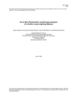 An In-Situ Photometric and Energy Analysis of a Sulfur Lamp Lighting System