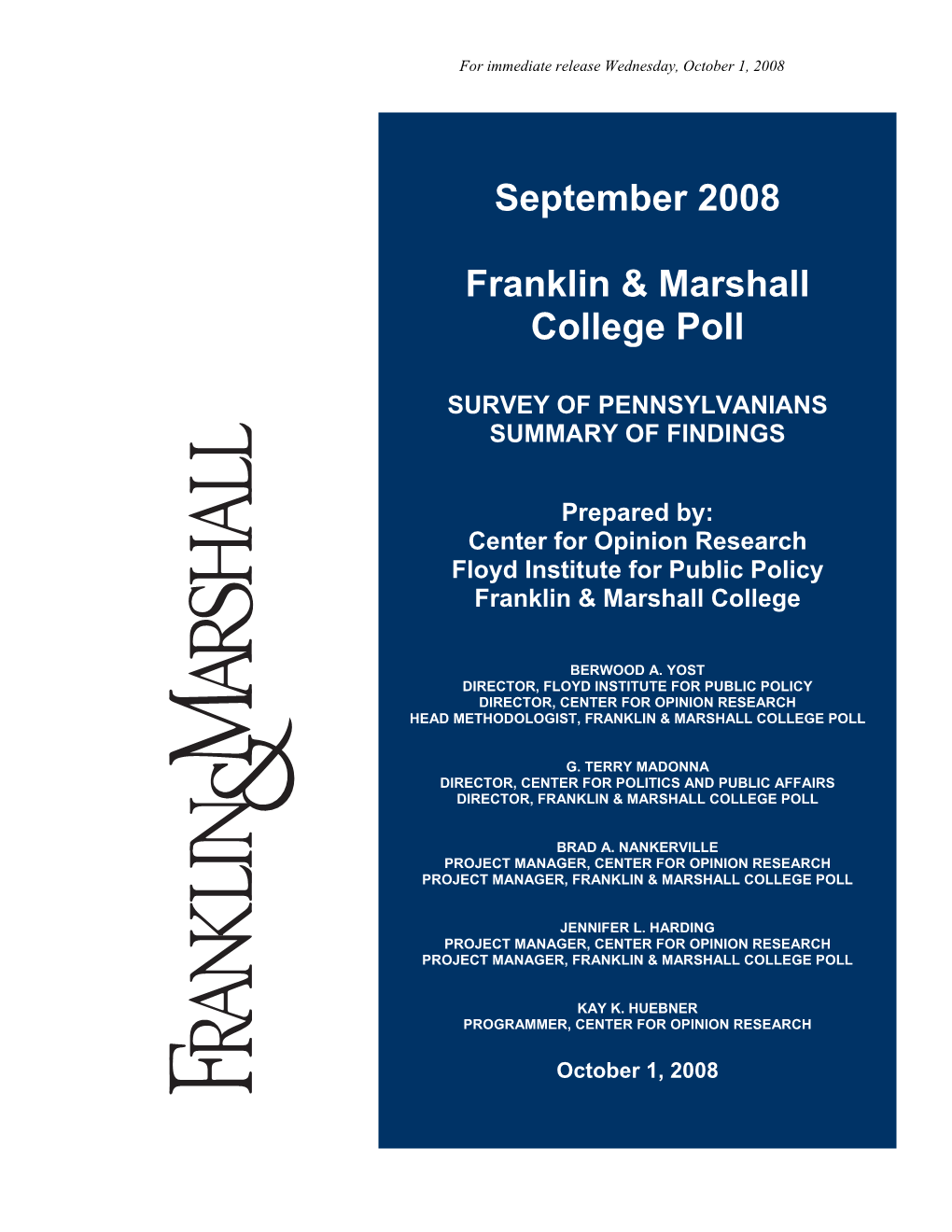 September 2008 Franklin & Marshall College Poll