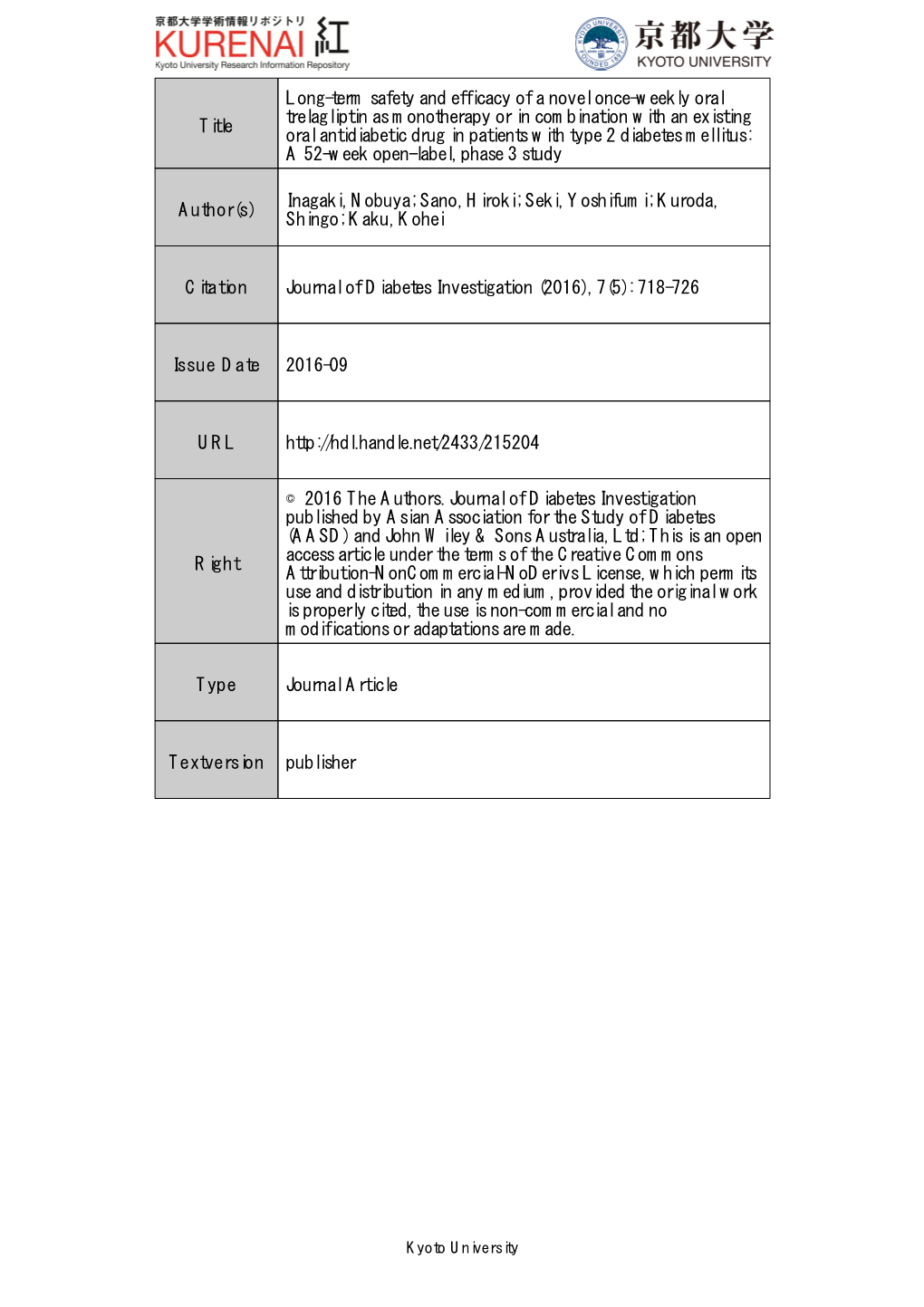 Title Long-Term Safety and Efficacy of a Novel Once-Weekly Oral Trelagliptin As Monotherapy Or in Combination with an Existing O