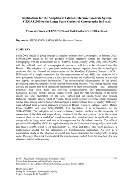 Implications for the Adoption of Global Reference Geodesic System SIRGAS2000 on the Large Scale Cadastral Cartography in Brazil