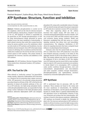ATP Synthase: Structure,Abstract: Functionlet F Denote a Eld and and Let Inhibitionv Denote a Vector Space Over F with Nite Positive Dimension