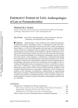 EMERGENT FORMS of LIFE: Anthropologies of Late Or Postmodernities