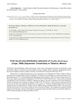 First Record and Distribution Extension of Enulius Flavitorques (Cope, 1869) (Squamata: Colubridae) in Tabasco, Mexico