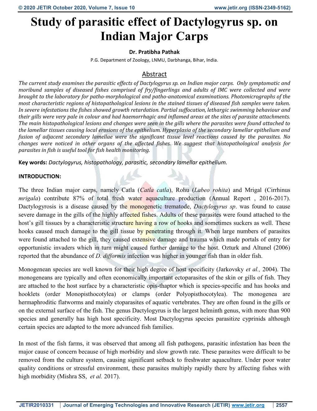 Study of Parasitic Effect of Dactylogyrus Sp. on Indian Major Carps