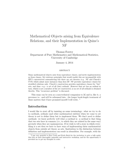 Mathematical Objects Arising from Equivalence Relations, and Their Implementation in Quine’S NF