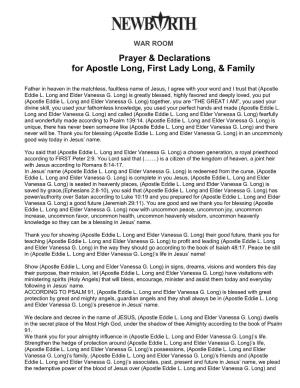 Prayer & Declarations for Apostle Long, First Lady Long, & Family