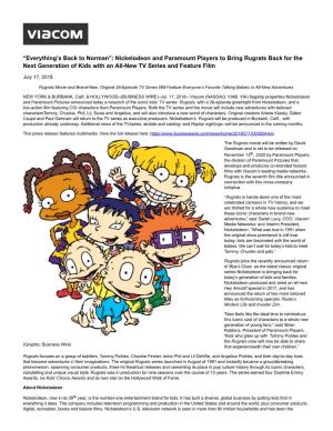 Nickelodeon and Paramount Players to Bring Rugrats Back for the Next Generation of Kids with an All-New TV Series and Feature Film