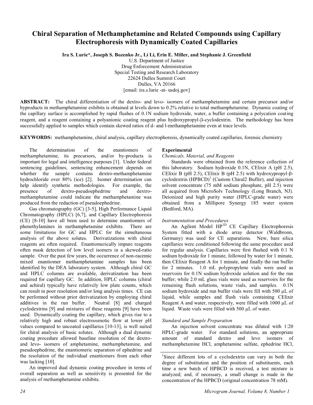 Chiral Separation of Methamphetamine and Related Compounds Using Capillary Electrophoresis with Dynamically Coated Capillaries