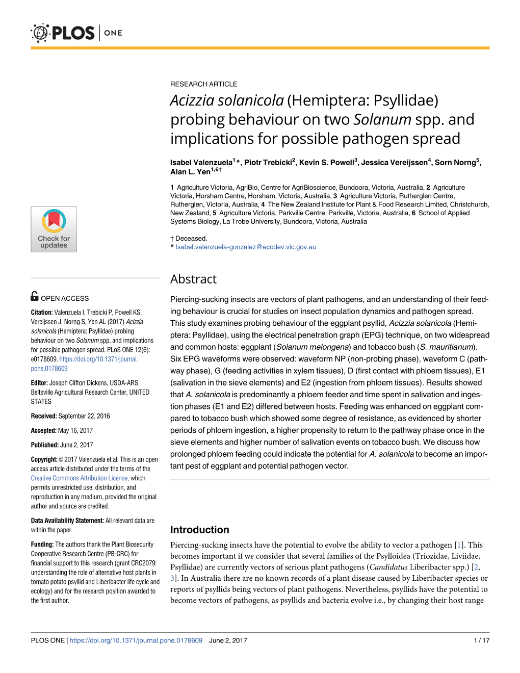 Acizzia Solanicola (Hemiptera: Psyllidae) Probing Behaviour on Two Solanum Spp