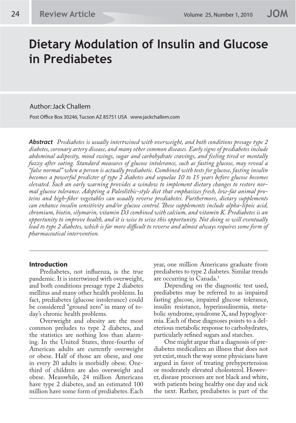 Dietary Modulation of Insulin and Glucose in Prediabetes