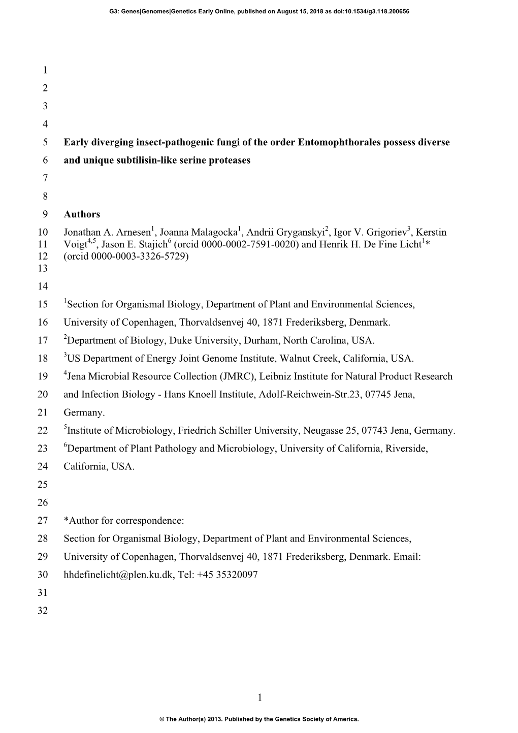 1 1 2 3 4 Early Diverging Insect-Pathogenic Fungi of the Order