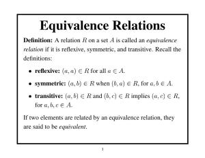 Equivalence Relations ¡ Deﬁnition: a Relation on a Set Is Called an Equivalence Relation If It Is Reﬂexive, Symmetric, and Transitive