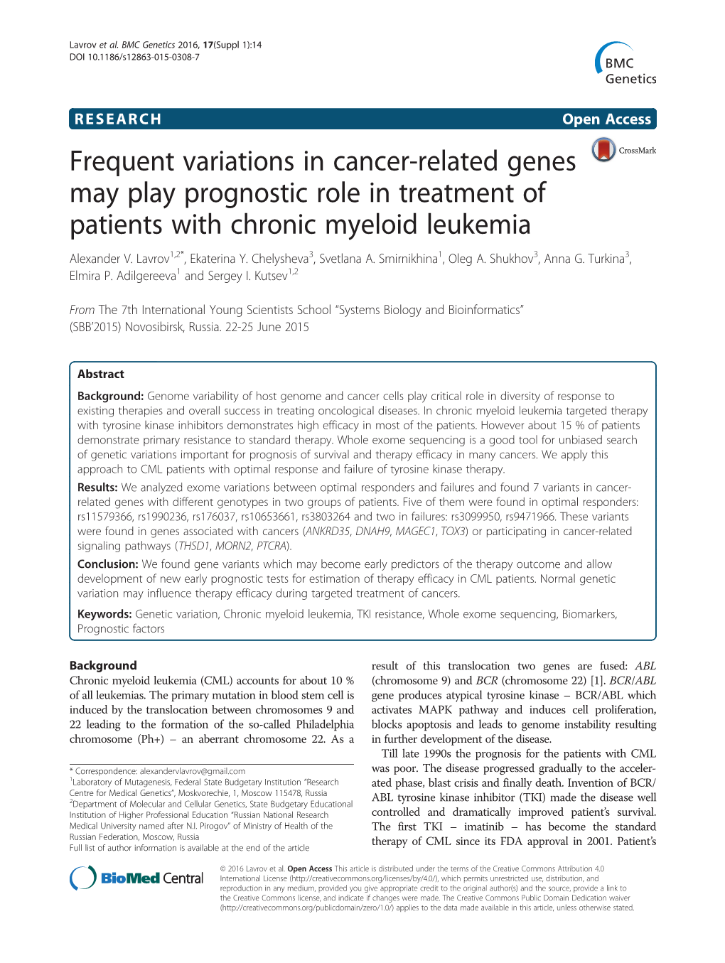 Frequent Variations in Cancer-Related Genes May Play Prognostic Role in Treatment of Patients with Chronic Myeloid Leukemia Alexander V