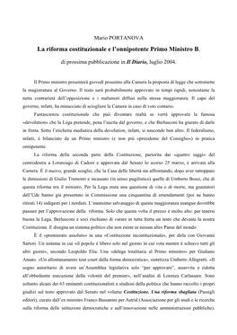 La Riforma Costituzionale E L'onnipotente Primo Ministro B