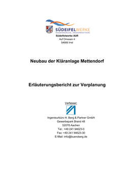 Neubau Der Kläranlage Mettendorf Erläuterungsbericht Zur Vorplanung