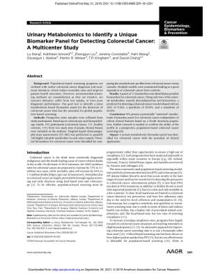 Urinary Metabolomics to Identify a Unique Biomarker Panel for Detecting Colorectal Cancer: a Multicenter Study