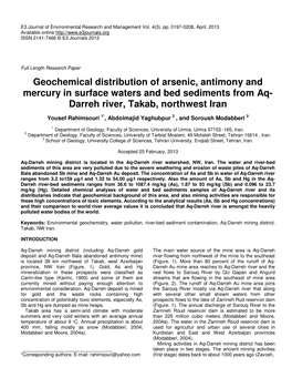 Geochemical Distribution of Arsenic, Antimony and Mercury in Surface Waters and Bed Sediments from Aq- Darreh River, Takab, Northwest Iran