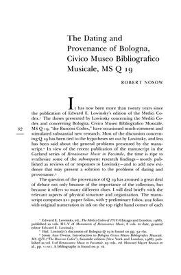 The Dating and Provenance of Bologna, Civico Museo Bibliografico Musicale, MS Q 19