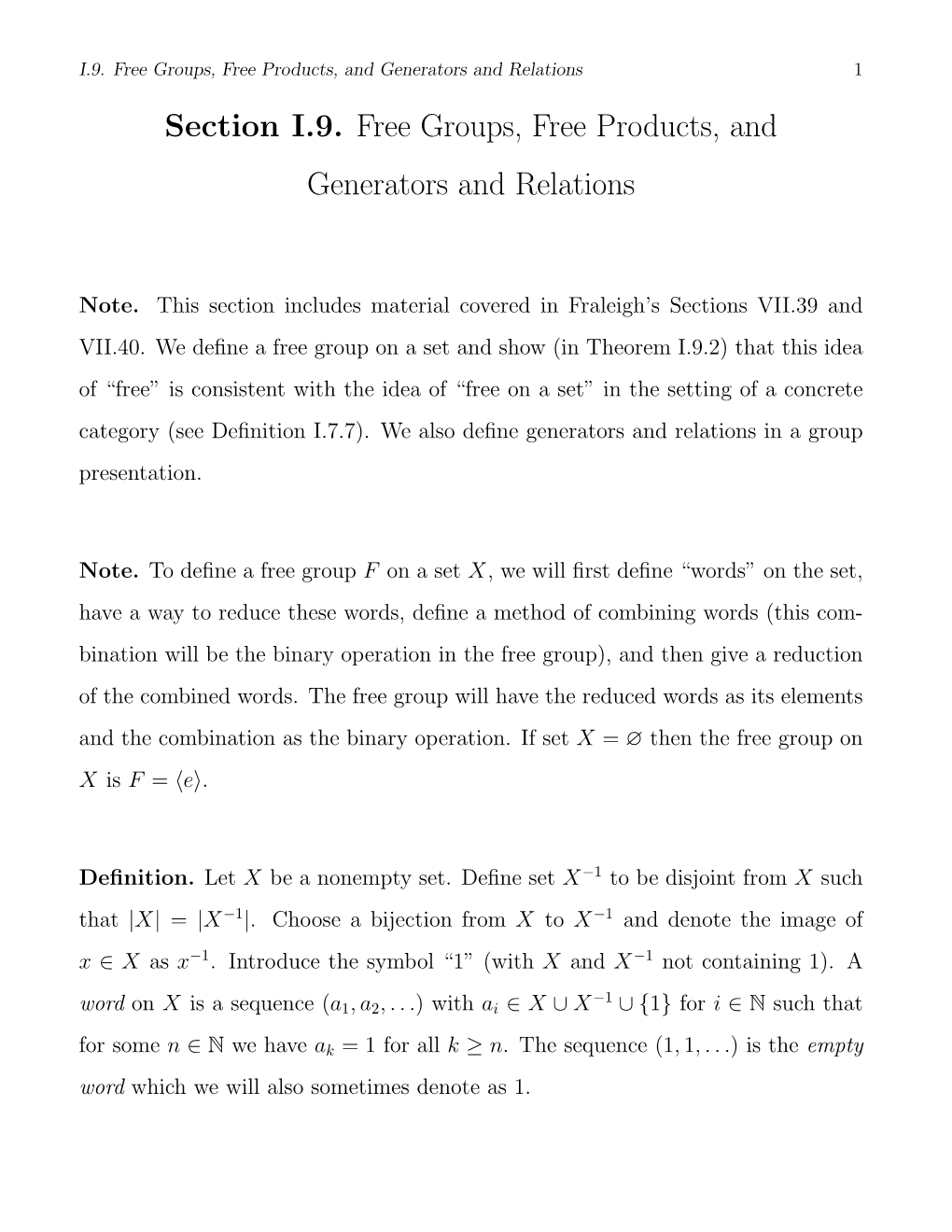 Section I.9. Free Groups, Free Products, and Generators and Relations