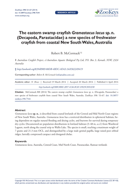 The Eastern Swamp Crayfish Gramastacus Lacus Sp. N. (Decapoda, Parastacidae) a New Species of Freshwater Crayfish from Coastal New South Wales, Australia