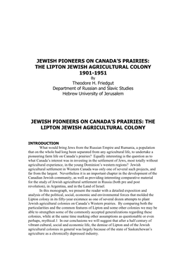 THE LIPTON JEWISH AGRICULTURAL COLONY 1901-1951 by Theodore H