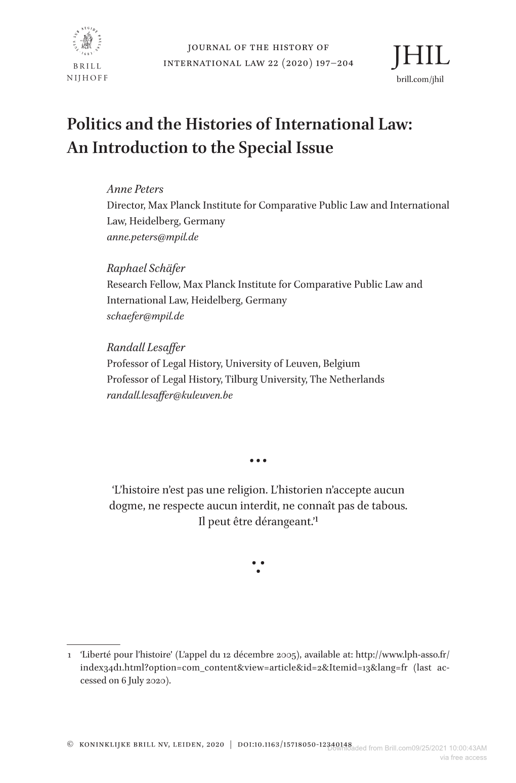 Politics and the Histories of International Law: an Introduction to the Special Issue