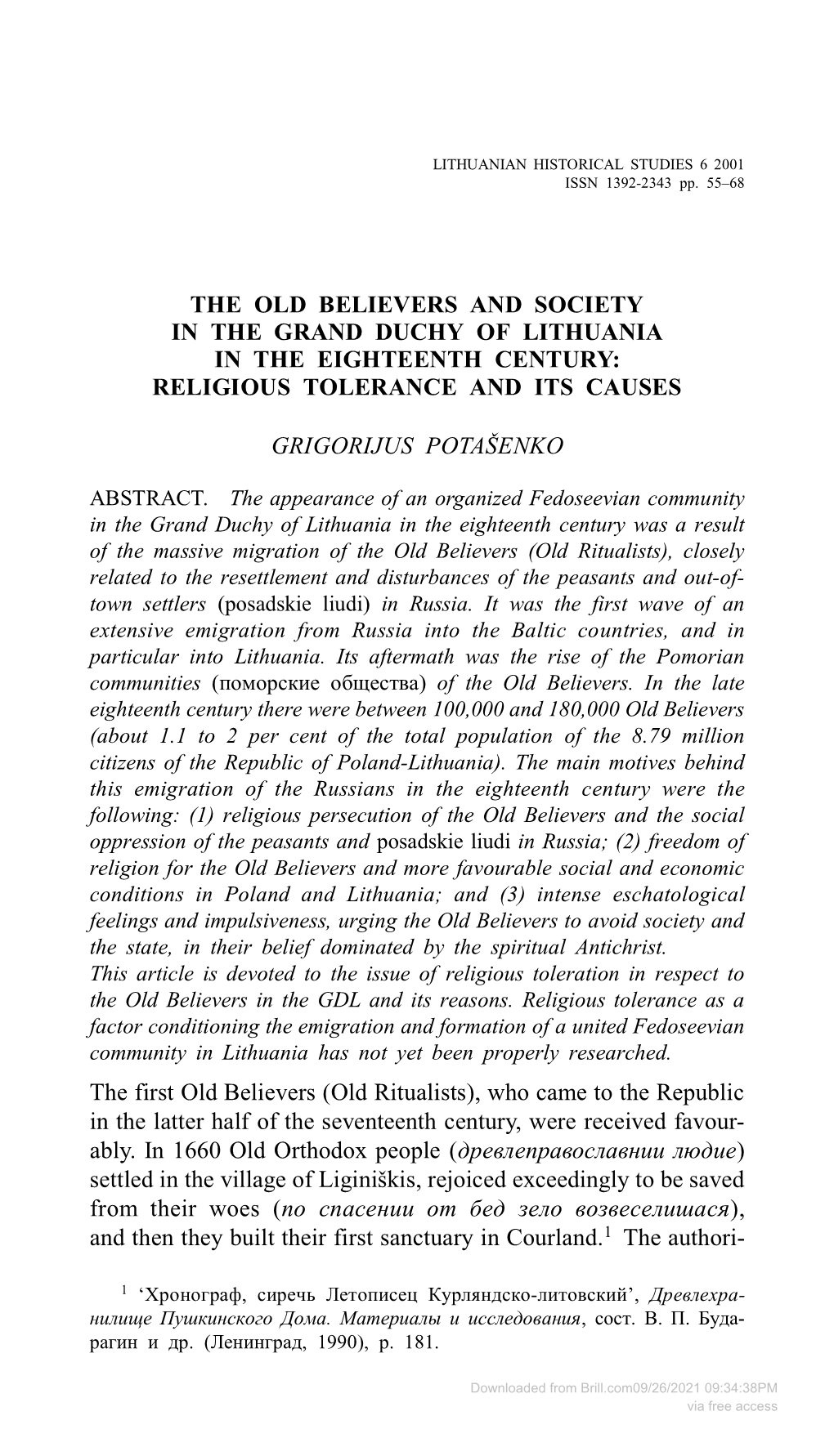 The Old Believers and Society in the Grand Duchy of Lithuania in the Eighteenth Century: Religious Tolerance and Its Causes