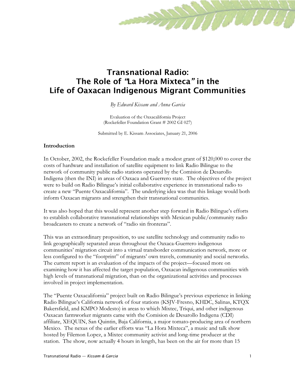 Transnational Radio: the Role of “La Hora Mixteca” in the Life of Oaxacan Indigenous Migrant Communities