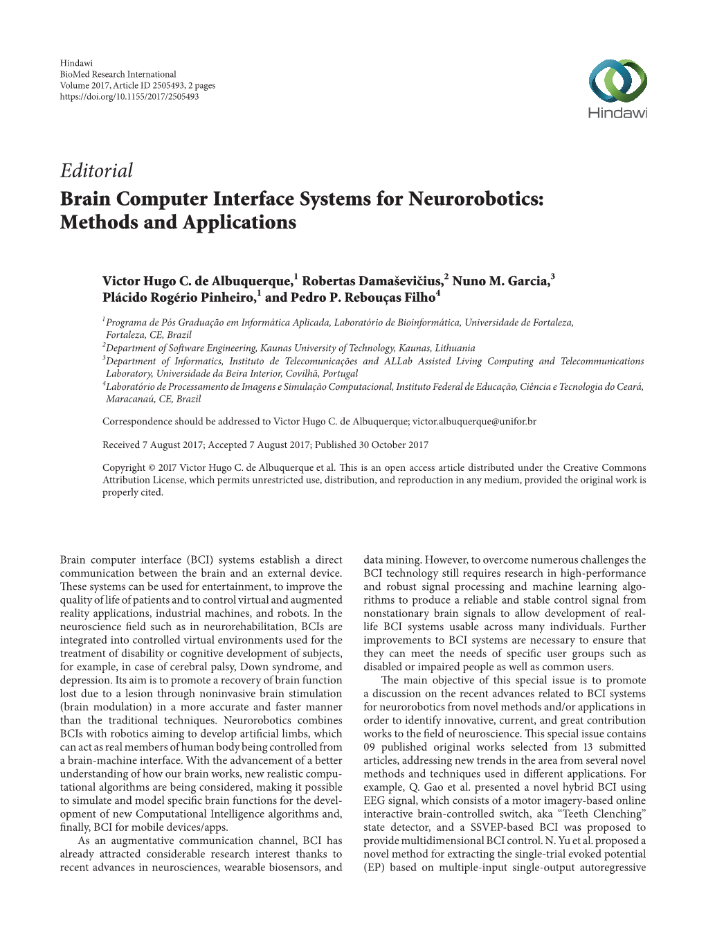 Editorial Brain Computer Interface Systems for Neurorobotics: Methods and Applications