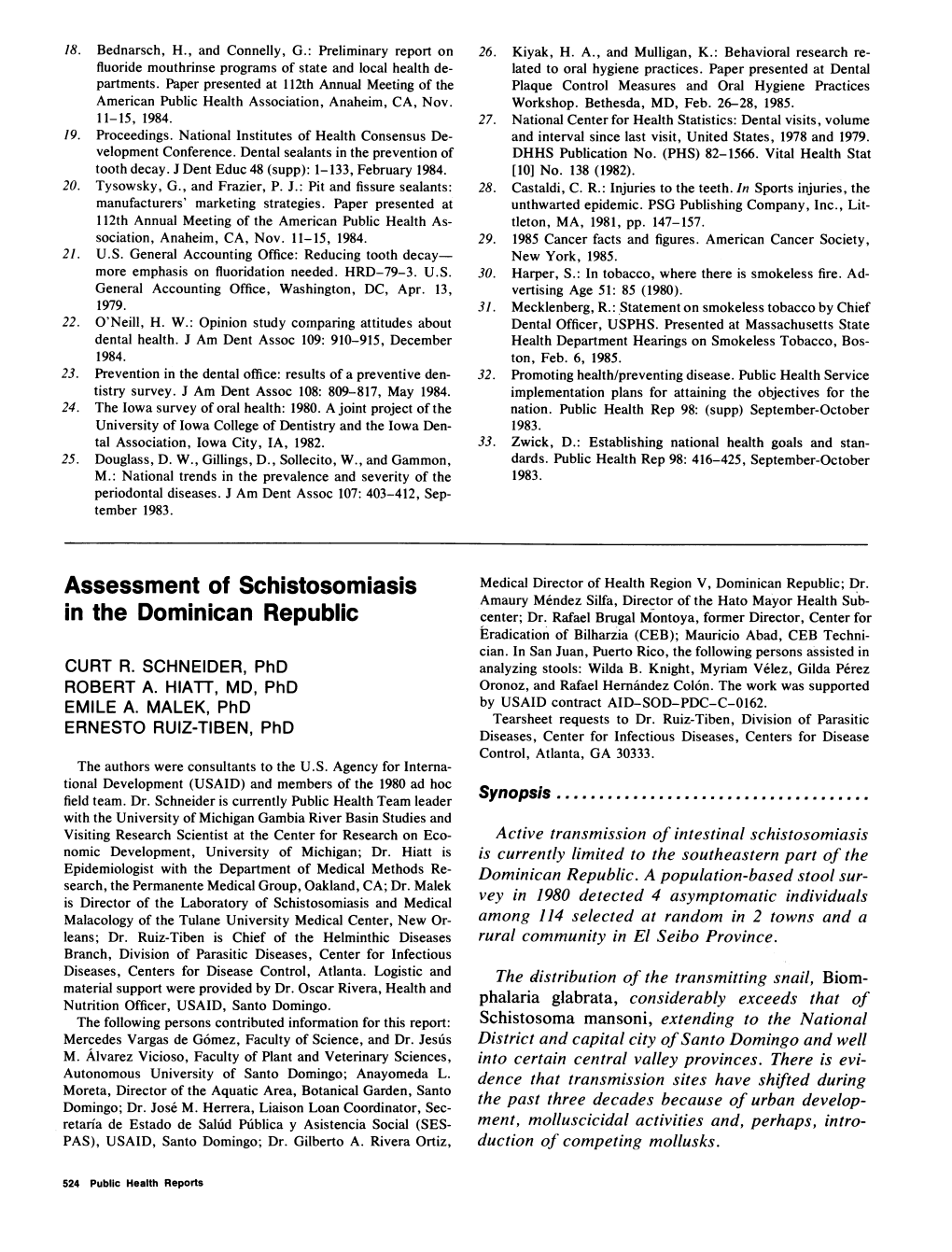 Assessment of Schistosomiasis in the Dominican Republic