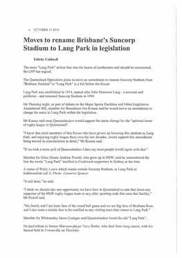 Moves to Rename Brisbane's Suncorp Stadium to Lang Park in Legislation