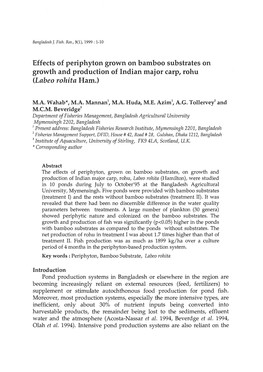 Effects of Periphyton Grown on Bamboo Substrates on Growth And