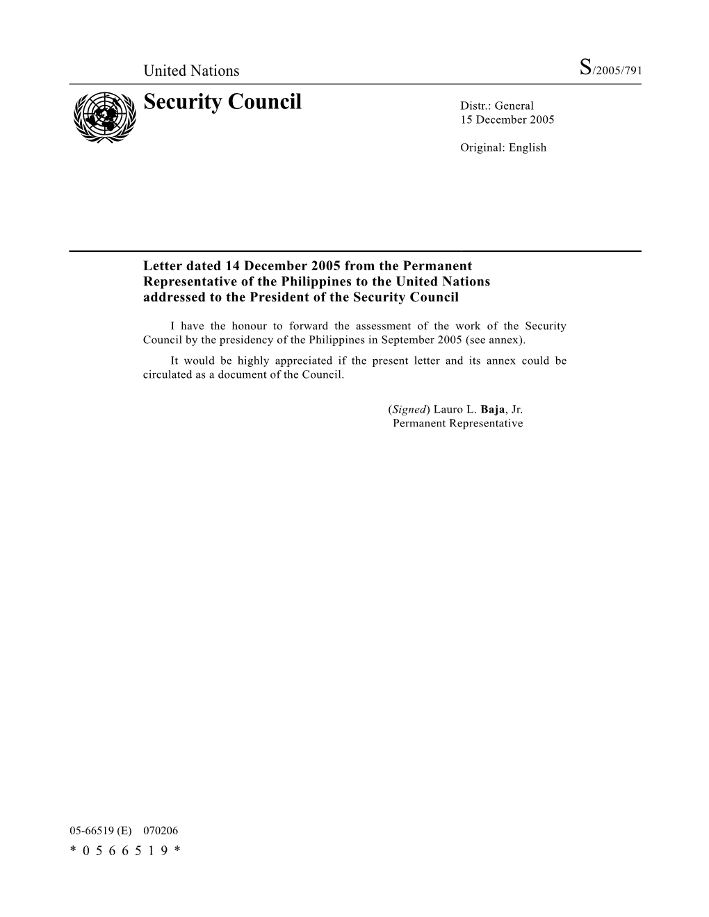 Security Council Distr.: General 15 December 2005