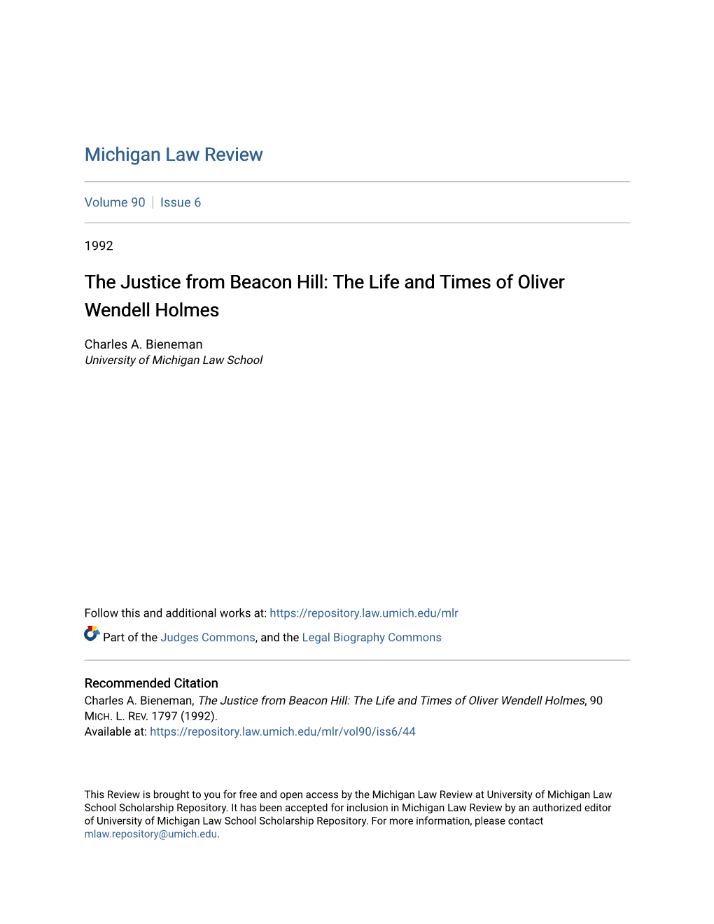 The Justice from Beacon Hill: the Life and Times of Oliver Wendell Holmes