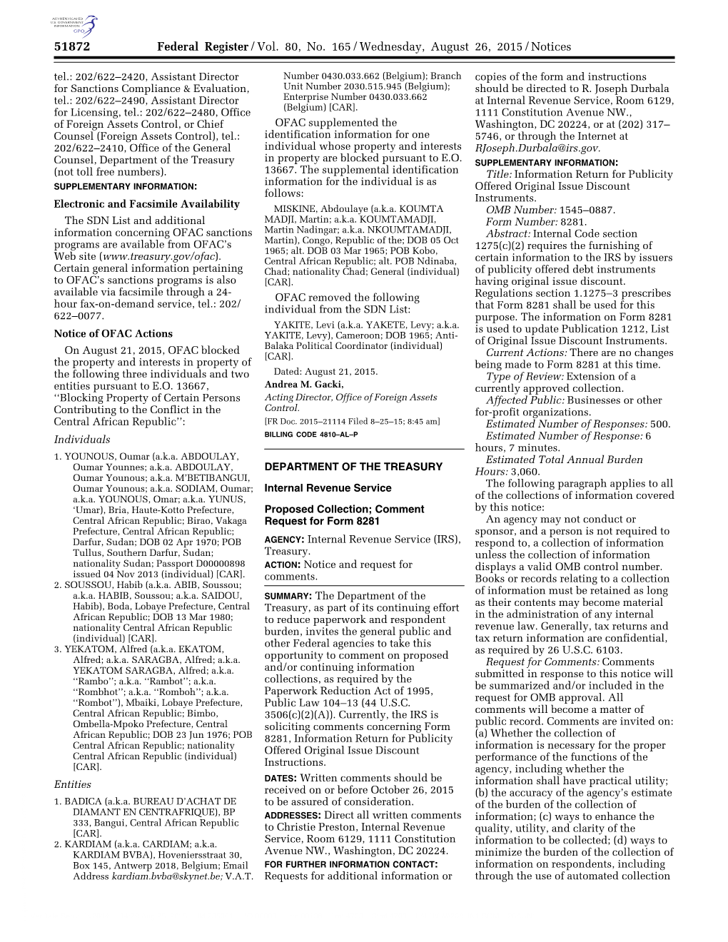 Federal Register/Vol. 80, No. 165/Wednesday, August 26, 2015