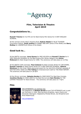 Film, Television & Theatre April 2019 Congratulations