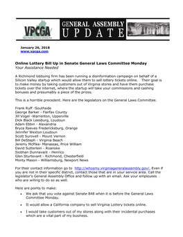 Online Lottery Bill up in Senate General Laws Committee Monday Your Assistance Needed