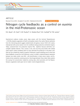 Nitrogen Cycle Feedbacks As a Control on Euxinia in the Mid-Proterozoic Ocean