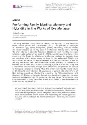 Performing Family Identity, Memory and Hybridity in the Works of Eva Menasse