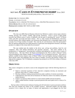 Cases in Entrepreneurship | Fall 2015 Tr 09:30-10:45Am @ Miller Hall “Ideation Lab” 111