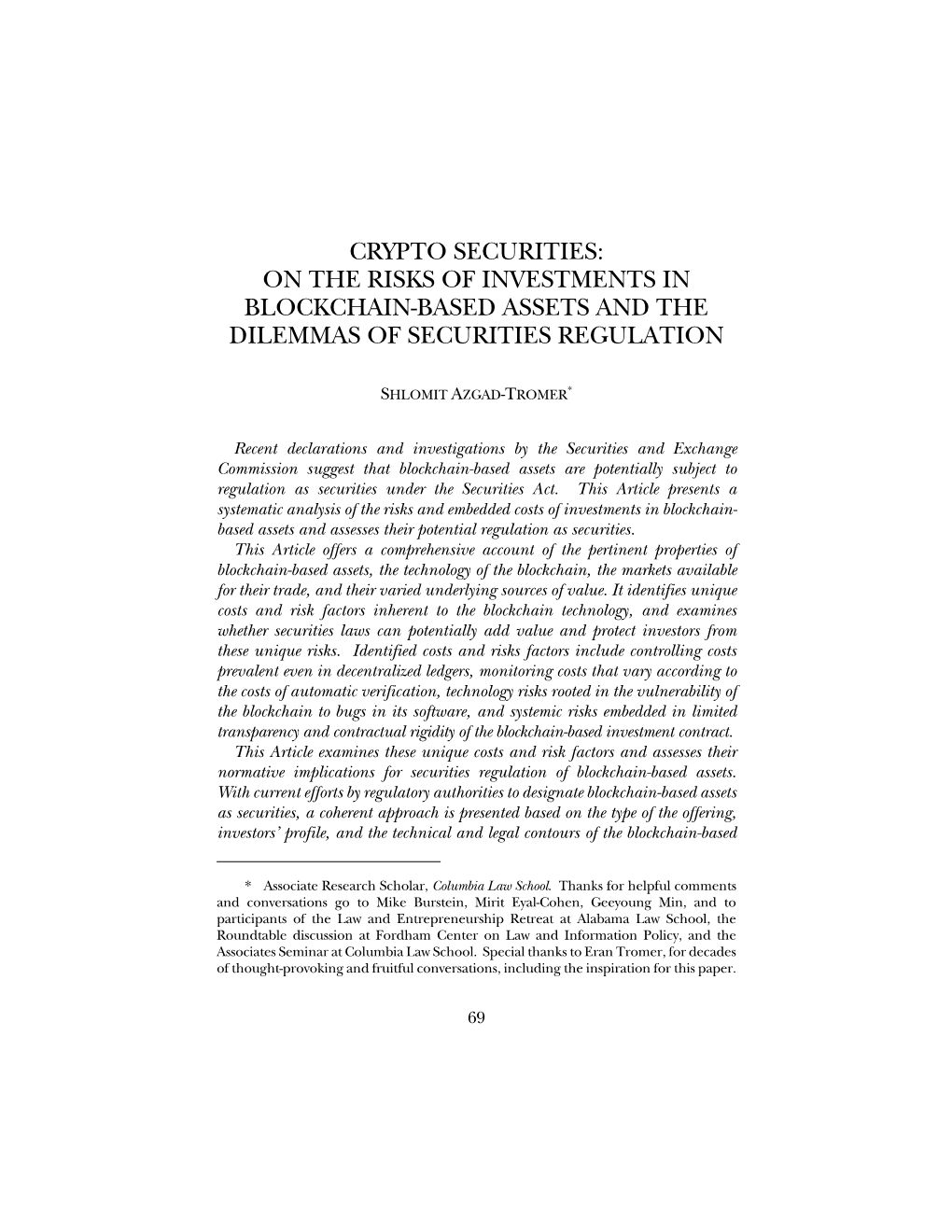 On the Risks of Investments in Blockchain-Based Assets and the Dilemmas of Securities Regulation