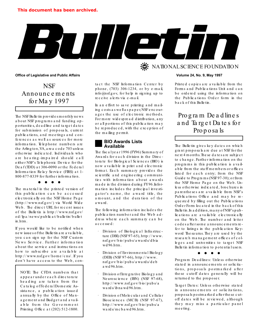 NSF Announcements for May 1997 Program Deadlines and Target