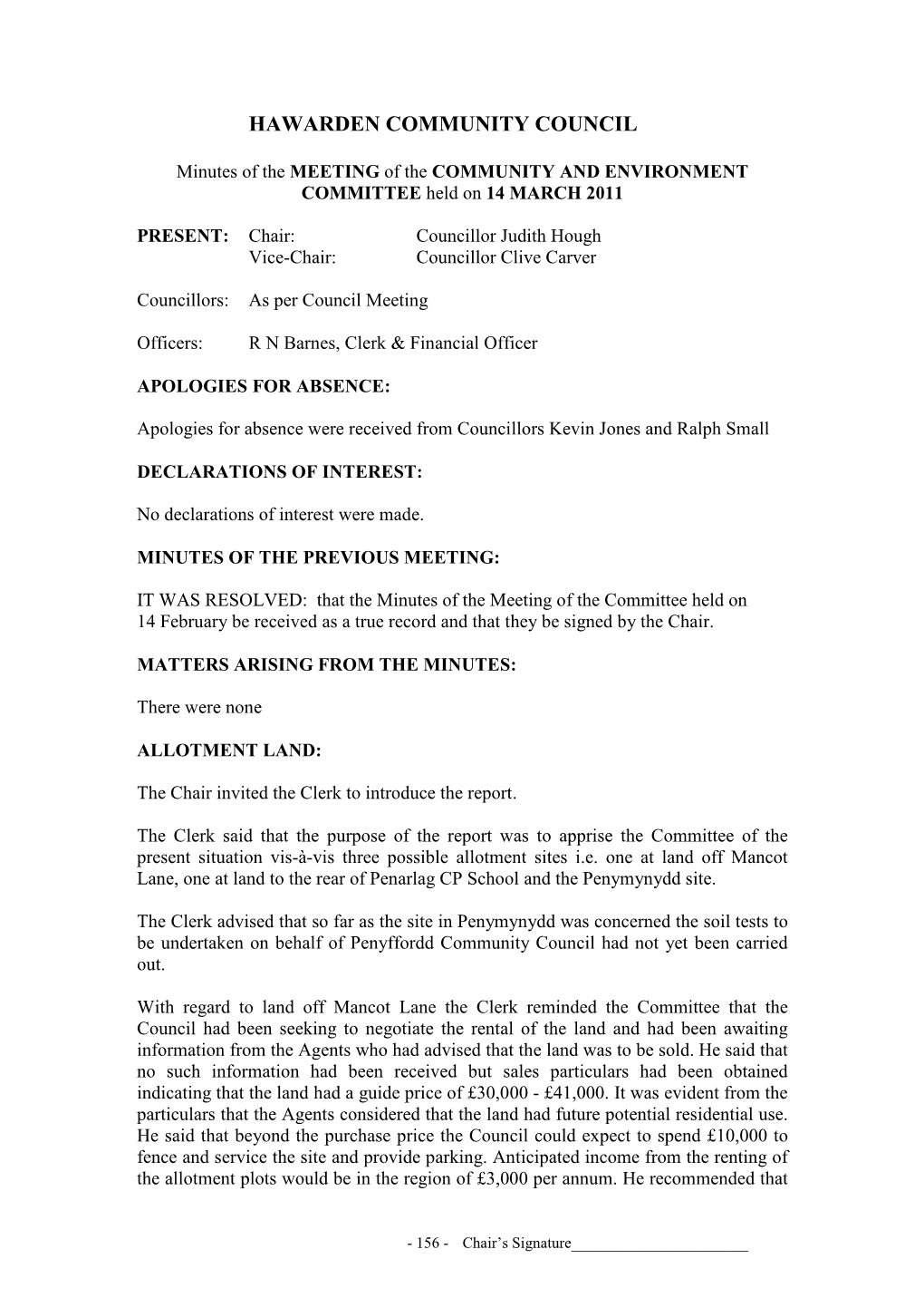 Minutes of the MEETING of the COMMUNITY and ENVIRONMENT COMMITTEE Held on 14 MARCH 2011