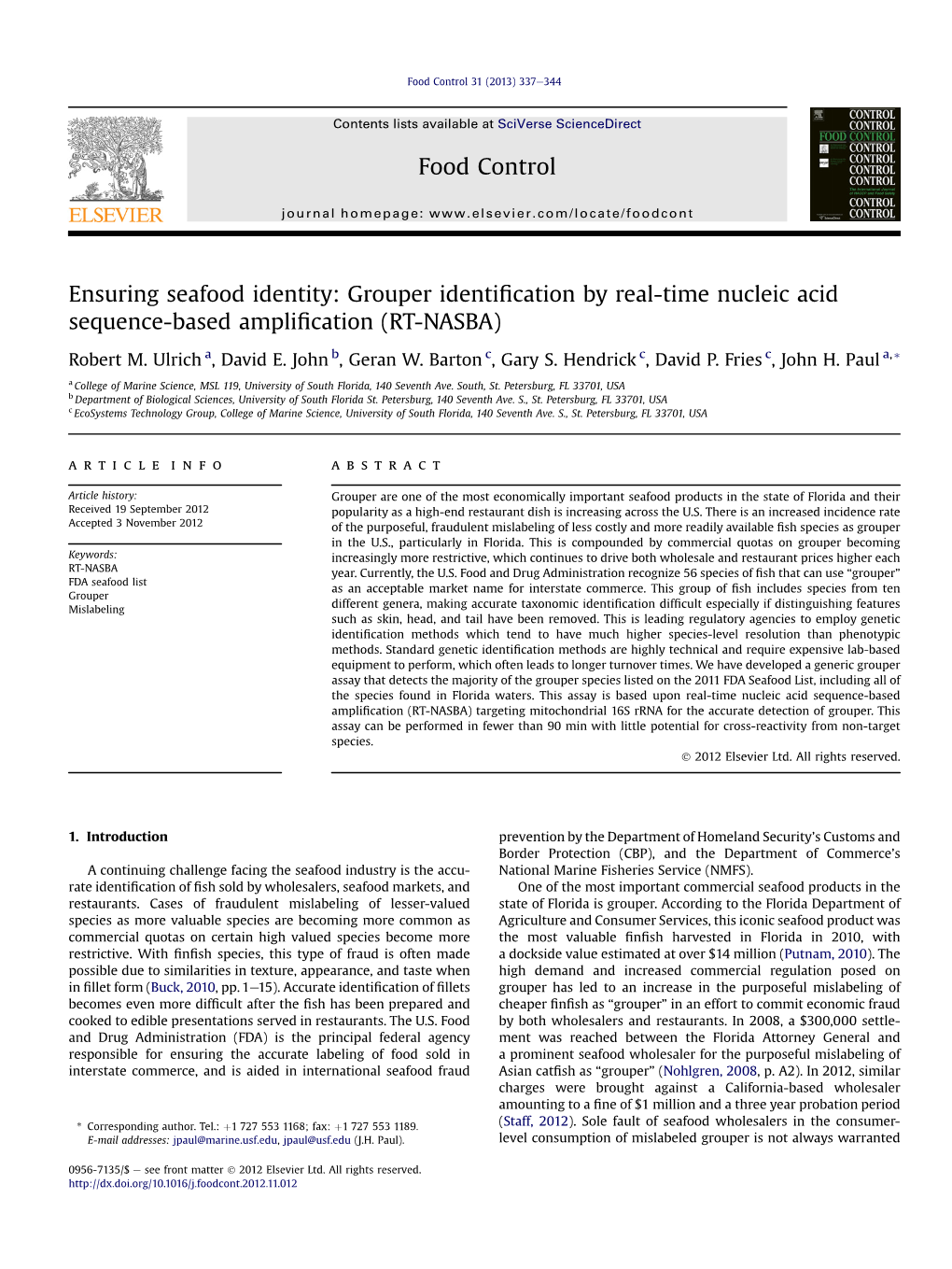 Ensuring Seafood Identity: Grouper Identification by Real-Time Nucleic