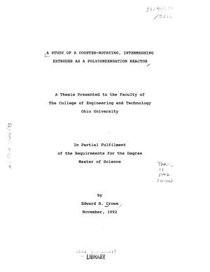 LIBRARY. This Thesis Has Been Approved for the Department of Chemical Engineering and the College of Engineering and Technology