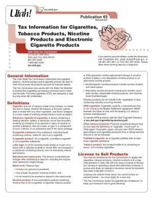 Pub 65, Utah Tax Ifo for Cigarettres, Tobacco Products and E-Cigarette